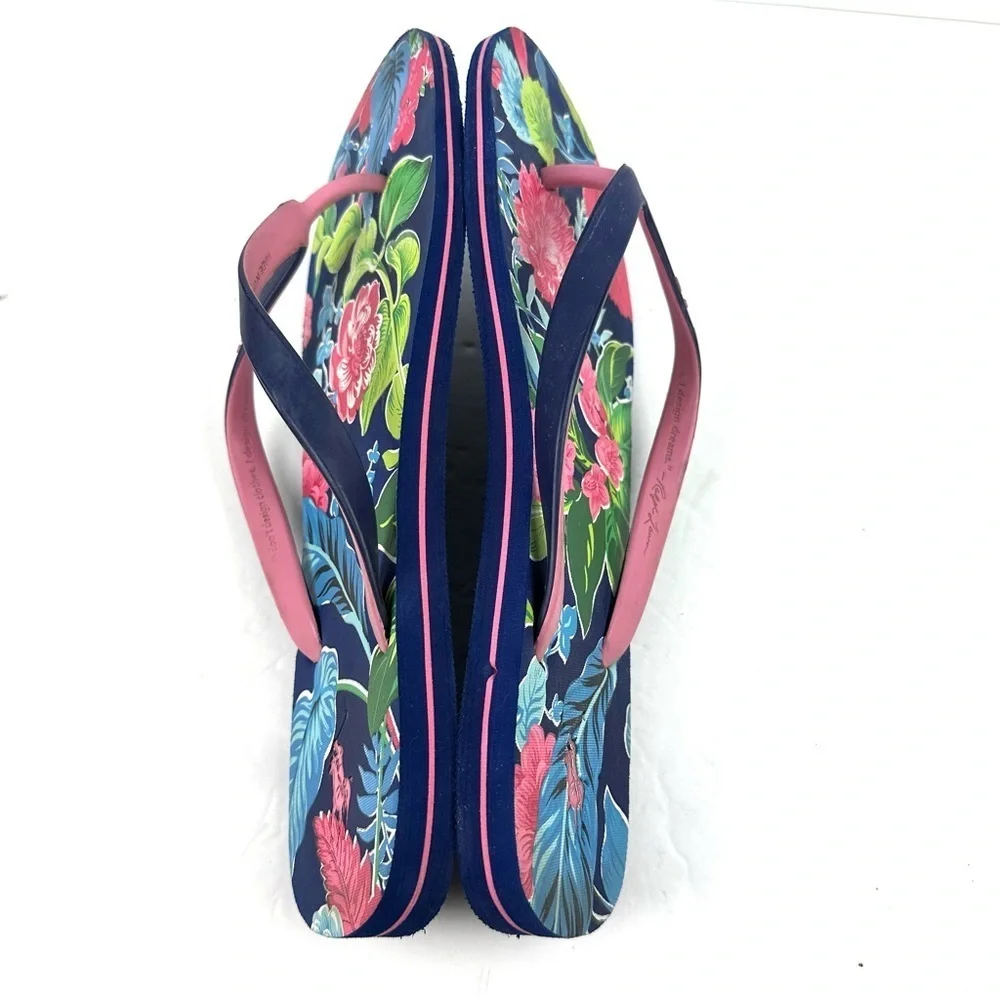 Polo Ralph Lauren Bolt Flip Flops 13-14 Navy Garden Floral Tropical Sandals Mens